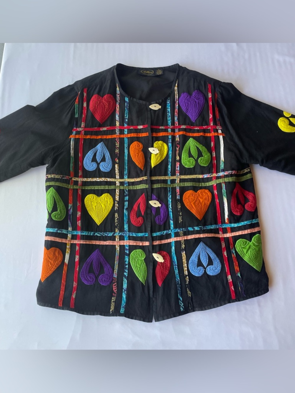 Vintage Allure Heart Jacket 1X Black Boho Hippie Patchwork Y2K Art Coat
